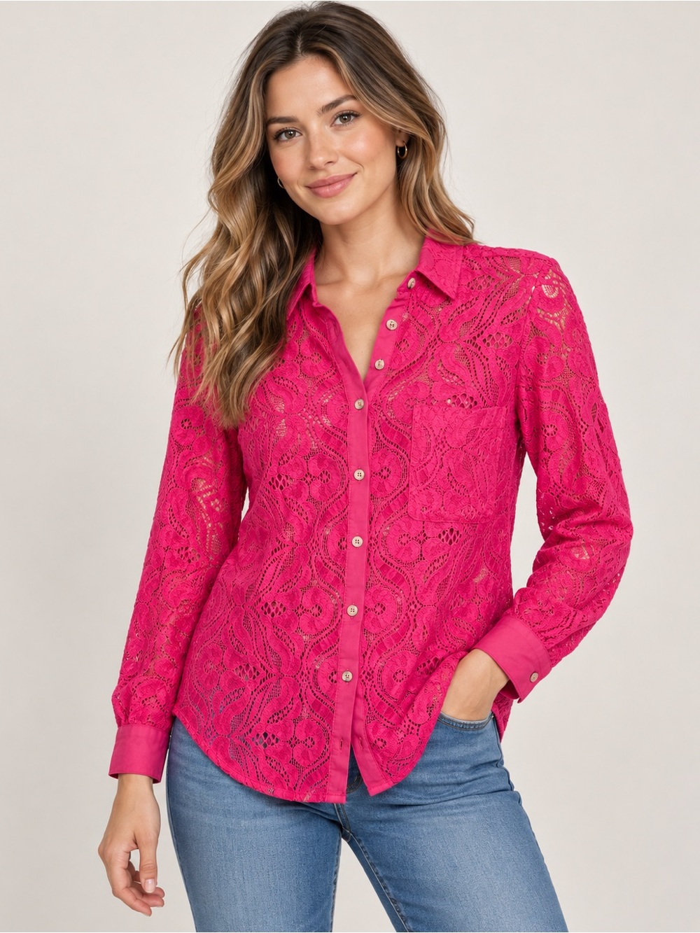 Maeve by Anthropologie Pink Lace Button Down Blouse Size 4